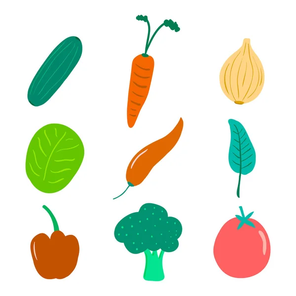 Gemüsetomaten Brokkoli Zwiebeln Gurken Kohl Rote Chilischoten Paprika Karotten Spinat — Stockvektor
