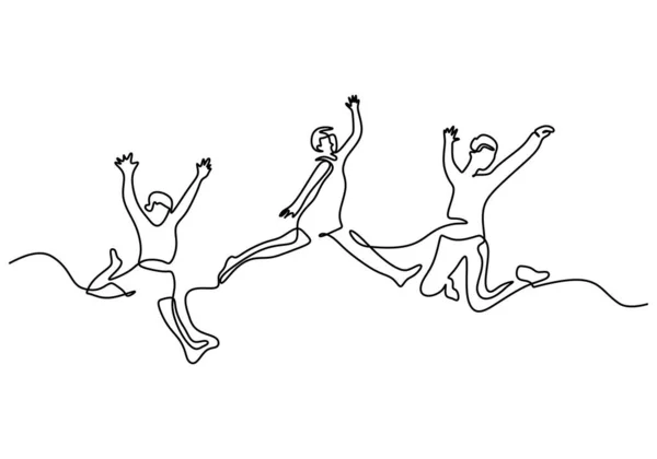 One Continuous Single Line Three Happy People Jumping Isolated White — Stock Vector