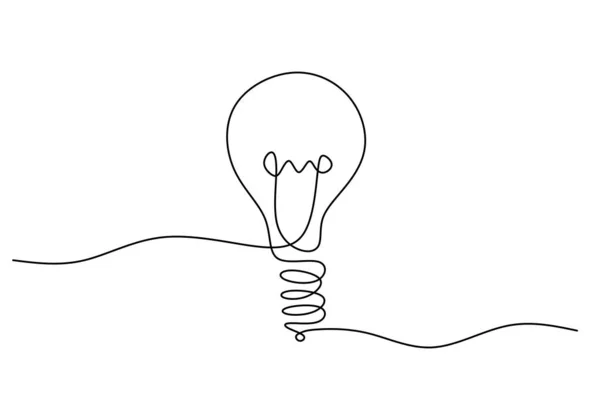 白の背景に隔離されたアイデアシンボルのためのランプの1つの連続的なシングルライン — ストックベクタ