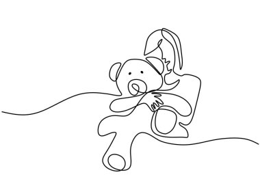 Tek sıra halinde küçük bir kız, beyaz arka planda izole edilmiş büyük oyuncak ayıya sarılıyor..