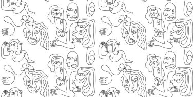 Soyut çirkin yüz hatları, kusursuz sanat kalıpları. Parmak izi ve tekstil ambalajına hazır, el çizimi el çizimi vektör çizimi bir çizgi. Siyah ve beyaz renkler.