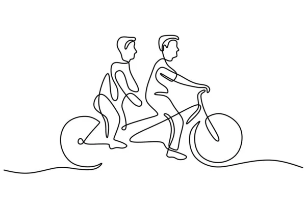 One Continuous Single Line Two Boys Riding Twin Bike Isolated — Stock Vector