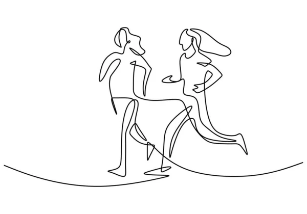 One Continuous Single Line Two Young Girls Jogging Running Isolated — Stock Vector