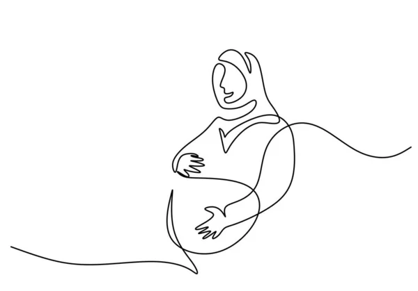 Una Sola Línea Continua Mujer Embarazada Hijab Niña Aislada Sobre — Archivo Imágenes Vectoriales