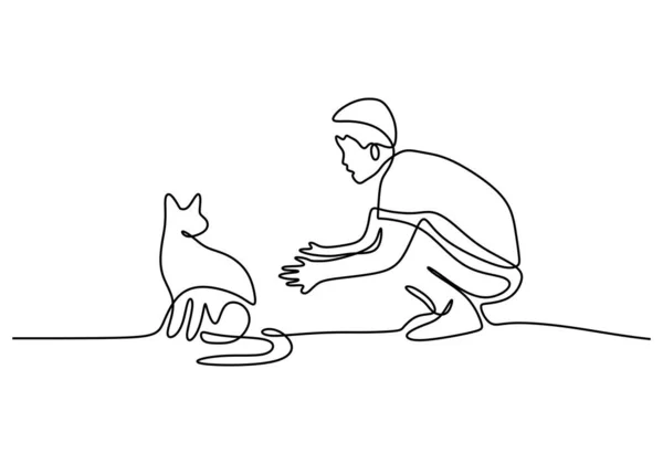 Одна Сплошная Линия Маленького Мальчика Играющего Милой Кошкой Изолированной Белом — стоковый вектор