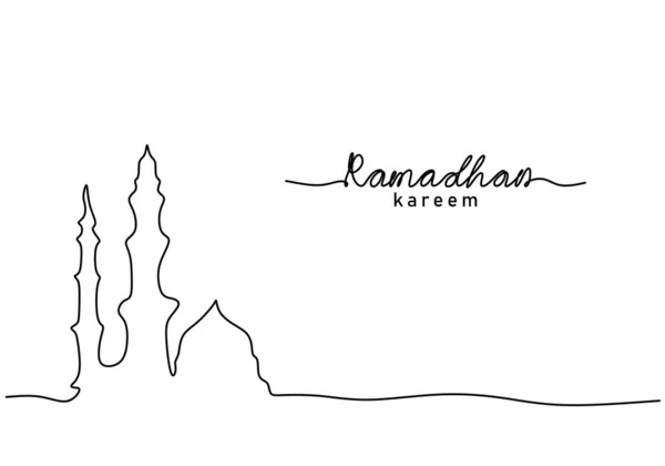 Una Sola Línea Continua Mezquita Grande Con Palabra Kareem Ramadán — Vector de stock