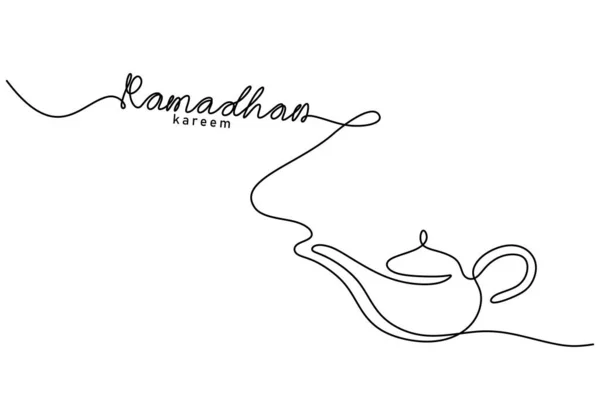 Eine Durchgehende Einzelne Zeile Ramadan Kareem Wort Mit Teekanne Isoliert — Stockvektor