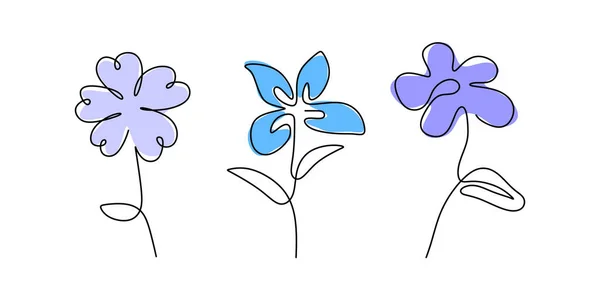 Una Sola Línea Continua Tres Flores Primavera Con Color Azul — Vector de stock