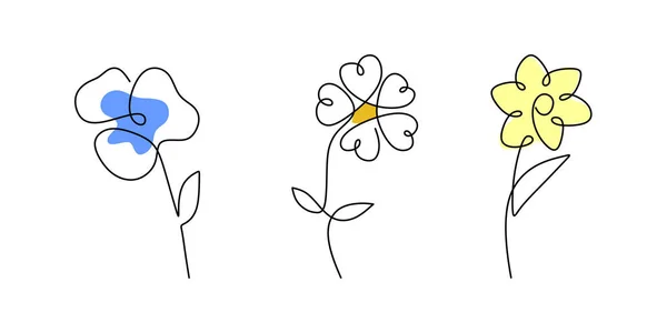 Μία Συνεχόμενη Μονή Γραμμή Τριών Ανοιξιάτικων Λουλουδιών Μπλε Κίτρινο Χρώμα — Διανυσματικό Αρχείο