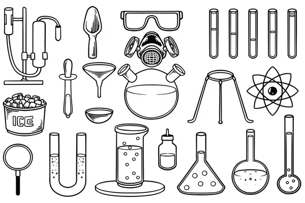 Conjunto Dibujado Mano Material Químico Doodle Aislado Sobre Fondo Blanco — Archivo Imágenes Vectoriales