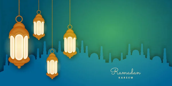Tarjeta Felicitación Ramadán Kareem Con Grandes Linternas Silueta Mezquita Sobre — Vector de stock