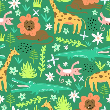 Aslan, timsah, zürafa ve Zebra 'nın çocuksu tarzında yeşil arka planda izole edilmiş kusursuz desenleri..