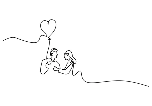 Une Seule Ligne Continue Couple Romantique Apporter Ballon Coeur Isolé — Image vectorielle