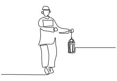 Tek sıra halinde bir Müslüman çocuk beyaz arka planda izole edilmiş fener getiriyor..