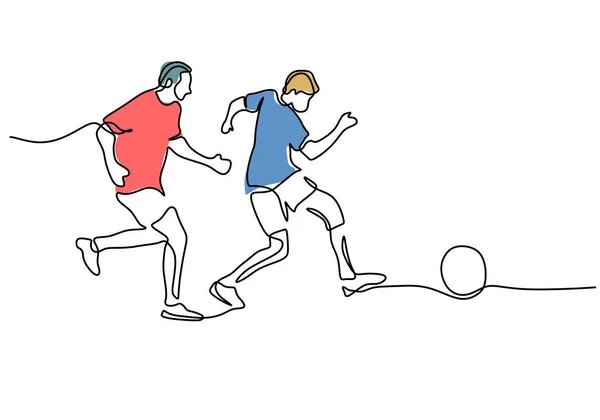 Одна Сплошная Линия Двух Человек Играющих Футбол Чемпионате Мира Изолированных — стоковый вектор