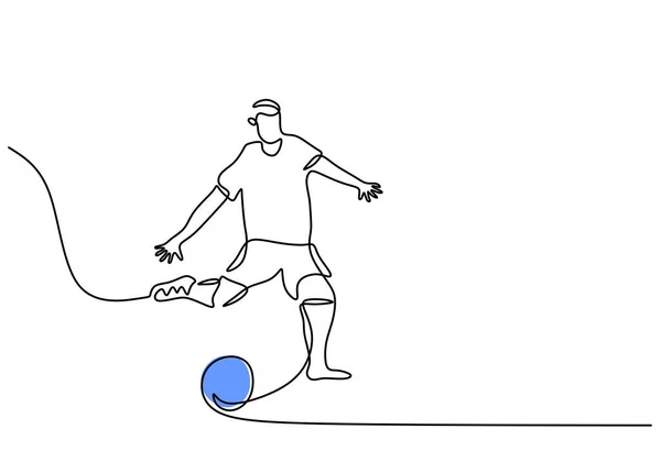 Una Sola Línea Continua Hombre Patea Una Pelota Aislada Sobre — Vector de stock