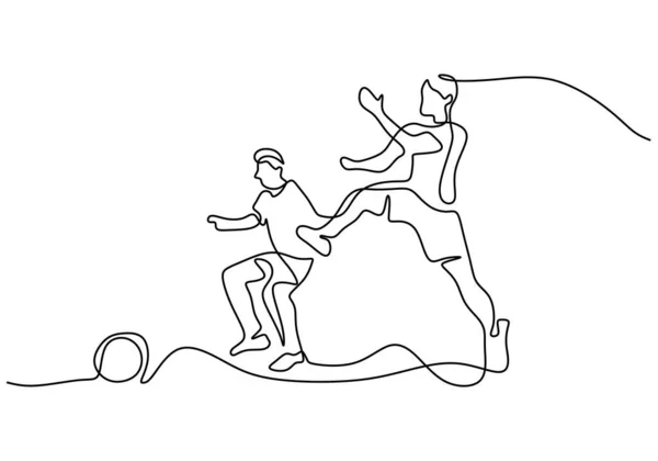 Одна Сплошная Линия Мальчиков Играющих Футбол Белом Фоне — стоковый вектор