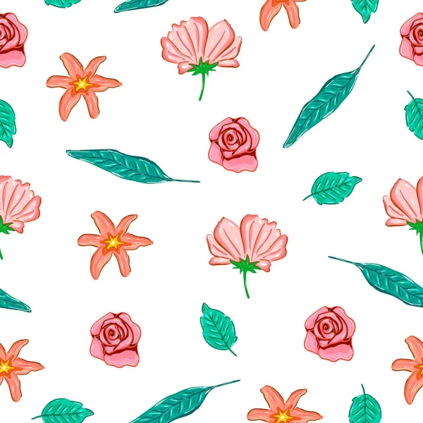 Eleganz Nahtlose Muster Mit Blumen Und Blättern Isoliert Auf Weißem — Stockvektor