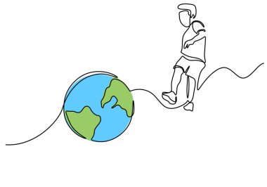 Dünya kupası için sürekli tek bir çizgi beyaz arka planda izole edilmiş futbol oyuncusu.