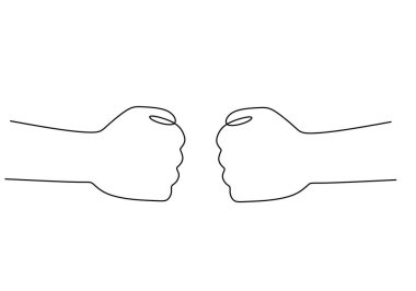 Beyaz arka planda izole edilmiş iki el boks yumruğundan oluşan kesintisiz bir çizgi..