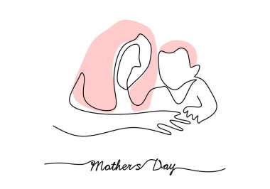 Anneler günü için anne ve çocuğunun aralıksız tek bir çizgisi beyaz arka planda izole edilmiş..