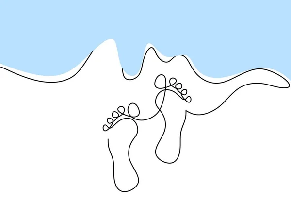 白い背景に隔離された砂の上に足裏の一本の連続的な一列 — ストックベクタ