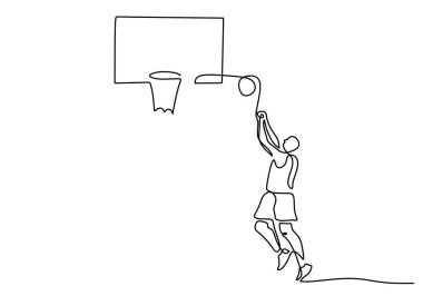 Beyaz arka planda izole edilmiş kapalı alanda basketbol oynayan tek bir adam çizgisi..