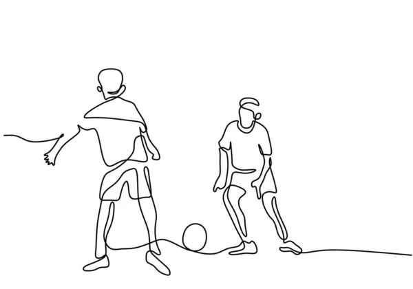 One Continuous Single Line Boys Playing Football Isolated White Background — Stock Vector