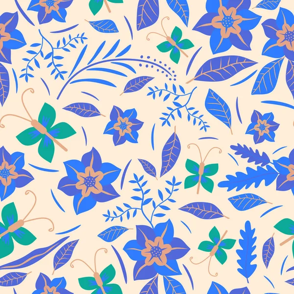 Schmetterlings Und Florales Nahtloses Muster Eleganten Stil Mit Blauer Farbe — Stockvektor