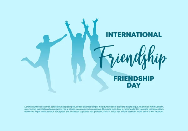 Международный День Дружбы Плакат Тремя Счастливыми Людьми Изолированы Синем Фоне — стоковый вектор