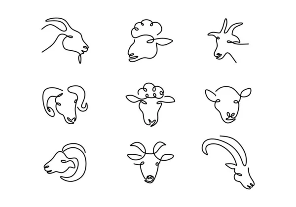 白地に隔離された9頭のヤギの羊の頭の一本の連続単線画 — ストックベクタ