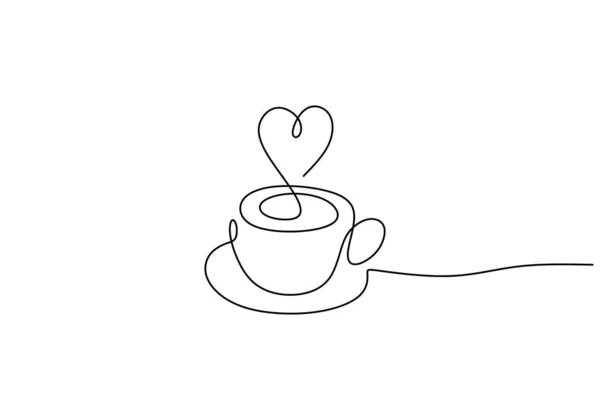 One Continuous Single Line Hand Drawn Cup Coffee Decorated Heart — Stock Vector