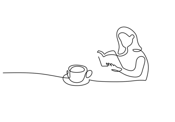 Одна Сплошная Линия Руки Нарисованная Девушкой Читающей Книгу Пьющей Кофе — стоковый вектор