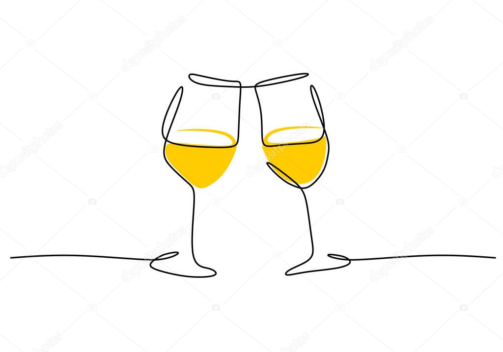 One continuous single line of hand drawn with Two glasses of wine cheering isolated on white background.