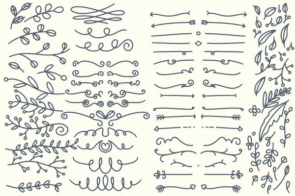 Handgetekende Vectorverdelers Lijnen Randen Lauweren Ingesteld Doodle Design Elementen Geïsoleerd — Stockvector