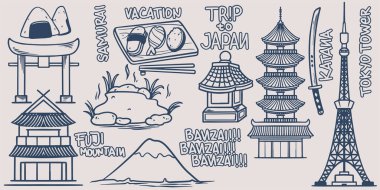 El çizimi seyahat malzemeleri Fuji dağı, samuray, suşi, tapınak, katana, kule ve Japon eviyle Japonya 'ya gider..