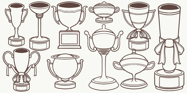 十个大杯手绘的奖牌在白色背景下被隔离 Doodle奖牌和冠军奖杯手绘奖章装饰元素 — 图库矢量图片