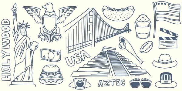 Dessin Main Éléments Voyage Doodle Voyage Amérique Avec Équipement Touristique — Image vectorielle