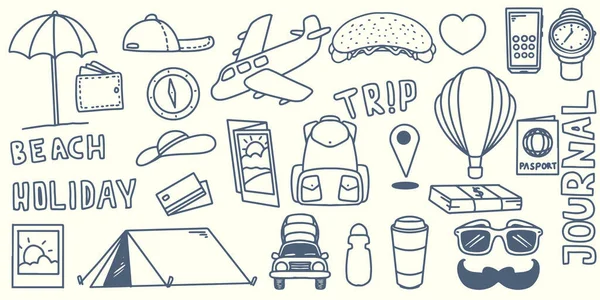 Hand Drawing Doodle Travel Elements Trip Outdoor Journey Tourist Equipment — Stock Vector