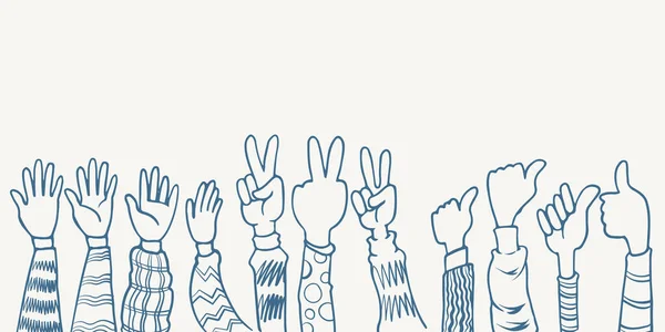 Ręcznie Narysowane Ręce Pięć Kciuk Górę Spokój Poza Klaskanie Owacja — Wektor stockowy