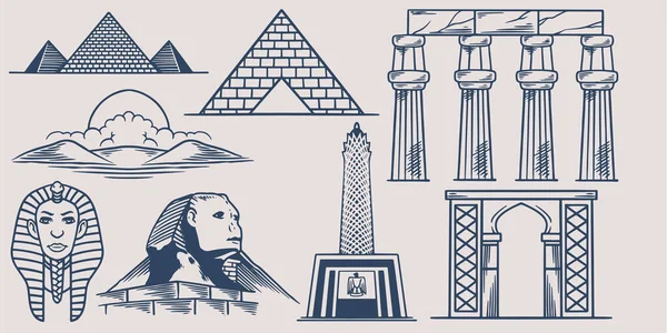 Handzeichnung Doodle Reise Reiseelemente Set Nach Ägypten Mit Pyramide Sphinx — Stockvektor