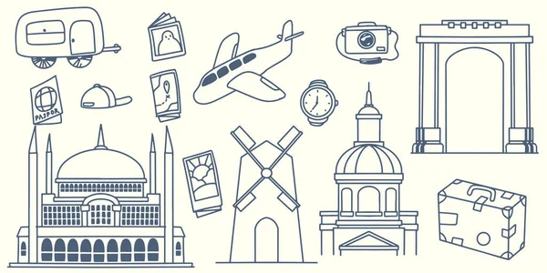 Disegno Mano Doodle Viaggio Elementi Viaggio Europa Con Attrezzature Turistiche — Vettoriale Stock