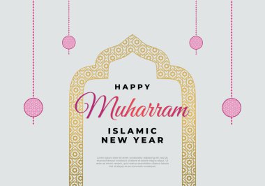 İslami yeni yıl, mutlu muharram festivali tebrik kartı geçmişi. Altın İslami süslemeler, harfler ve gri arka planda pembe fener..