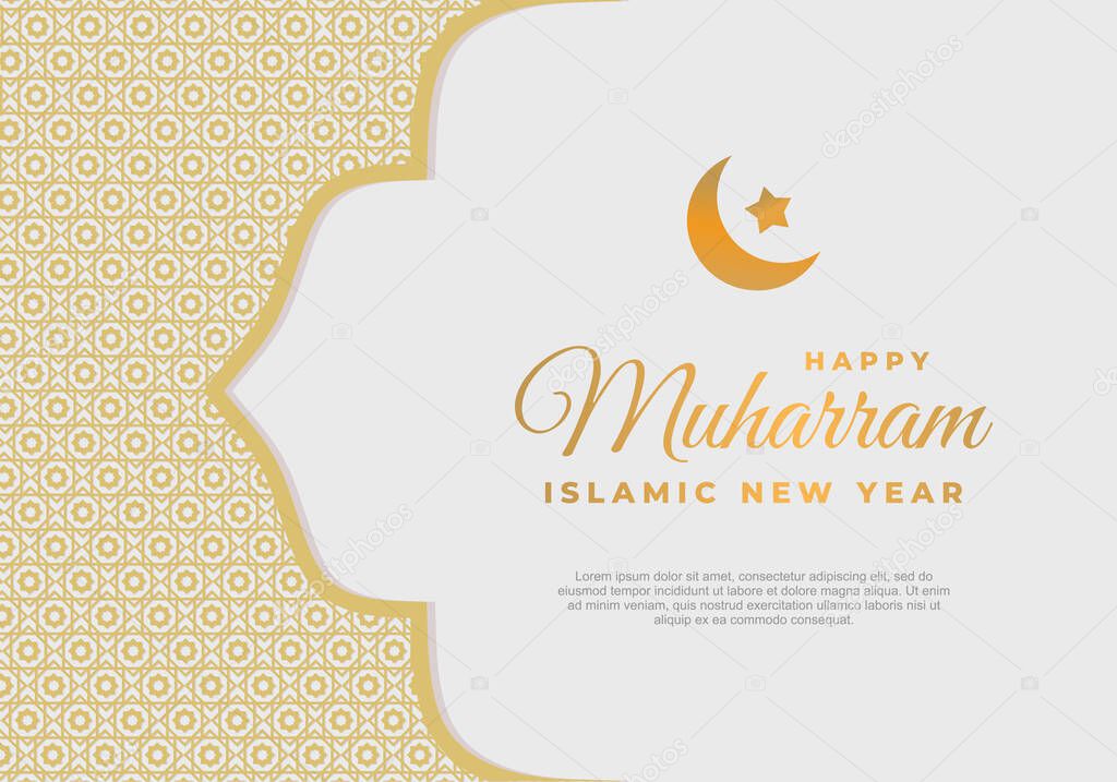 Islamic new year, happy muharram festival greeting card background. With golden text lettering, crescent, star and golden islamic ornament on grey background.
