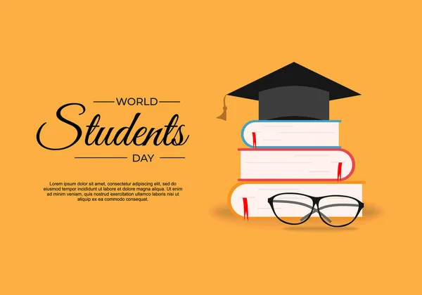 World Student International Day Background Stack Books Glasses Graduation Hat - Stok Vektor