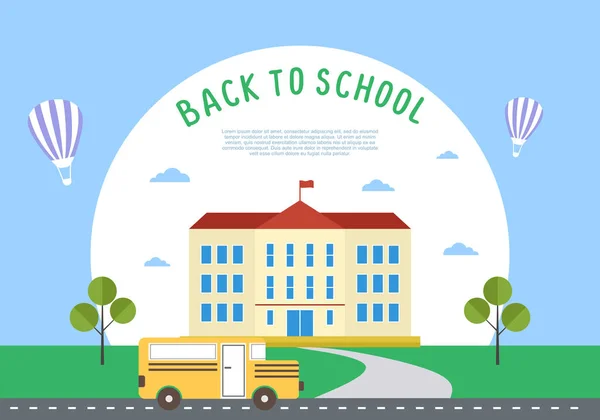 Okul Eğitimi Geçmişine Okul Binasına Hava Balonuna Okul Otobüsüne Mavi — Stok Vektör