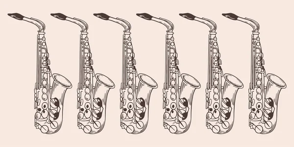 Vintage Hand Drawn Six Saxophone Vintage Engraved Style Isolated White —  Vetores de Stock