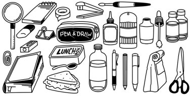 Büyüteç, kitap, not, boya, kalem, keski, yemek kitabı ve okul teması için kırtasiye malzemesi ile el çizimi karalama ögesi.