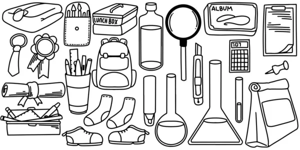 Hand Drawn Doodle Set Element Lunch Box Bottle Magnifier Cuter — Archivo Imágenes Vectoriales