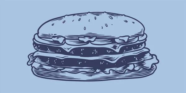 Hand Drawing Fast Food Set Big Hamburger Junk Food Restaurant — 스톡 벡터